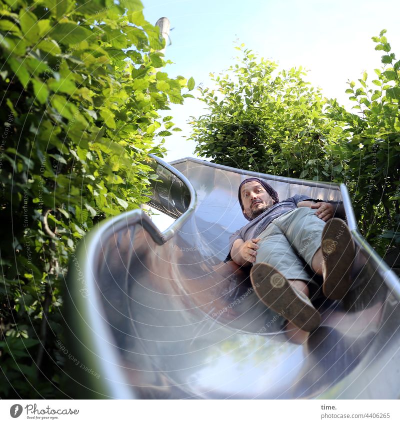 ParkTourHH21 | Rutschfux Slide Playground Man silver Supine position mirror shine green stuff bush Skid tilted position Infancy Metal concentrated Concentrate