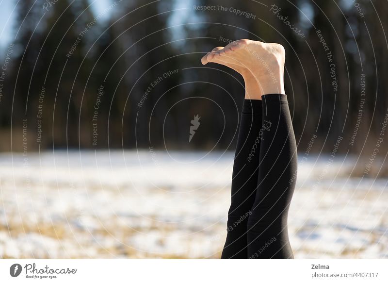 Close-up of legs bare foot of young attractive woman practicing yoga on snowy field sports athletic sitting meditating pose position people relaxing winter