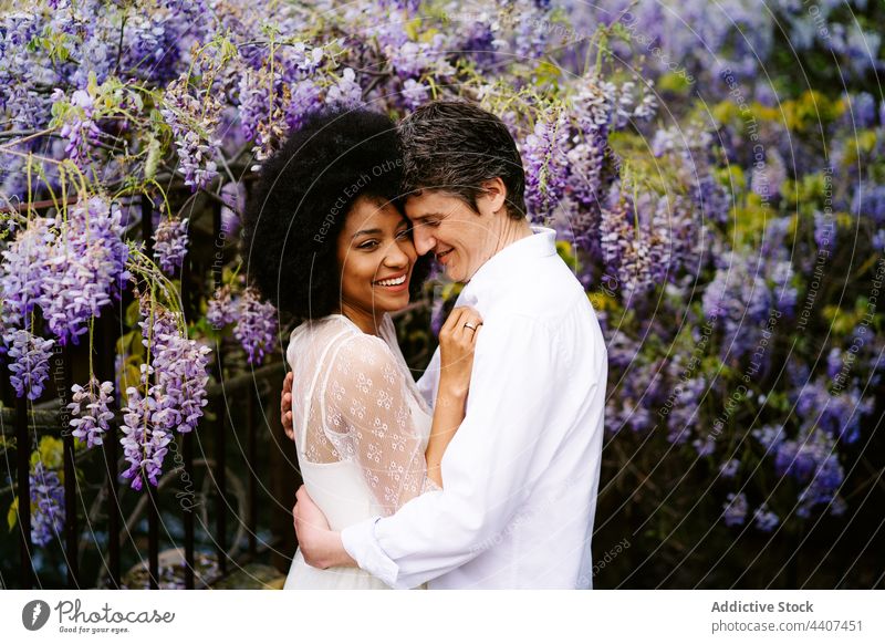 Gentle multiethnic couple embracing in garden with wisteria flowers embrace relationship park love hug content romantic diverse multiracial black