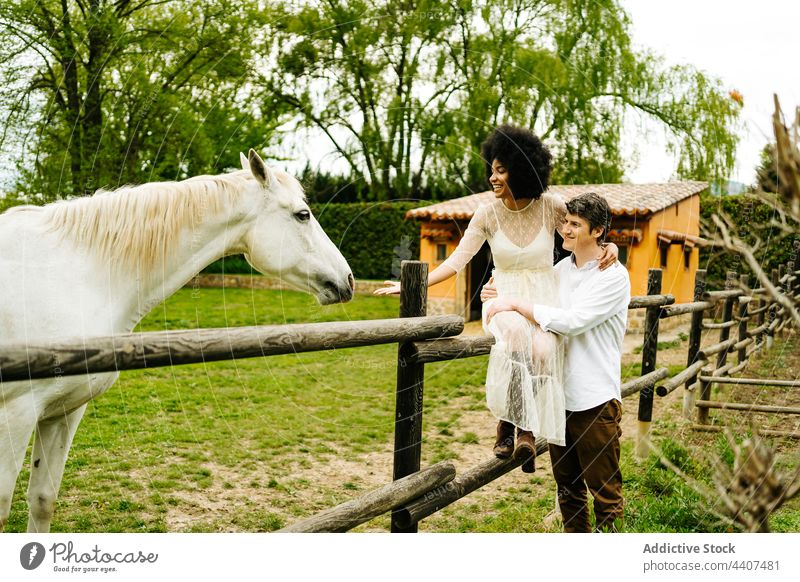 Multiracial couple stroking horse pasturing behind fence in paddock countryside reach out enclosure ranch together cheerful summer multiethnic multiracial