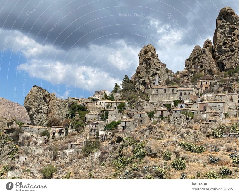 ghost village. Ghost Village Ruin Ruins Ruined city Old building Rock Italy vacation Tourist Attraction worth seeing Vacation & Travel Colour photo Tourism