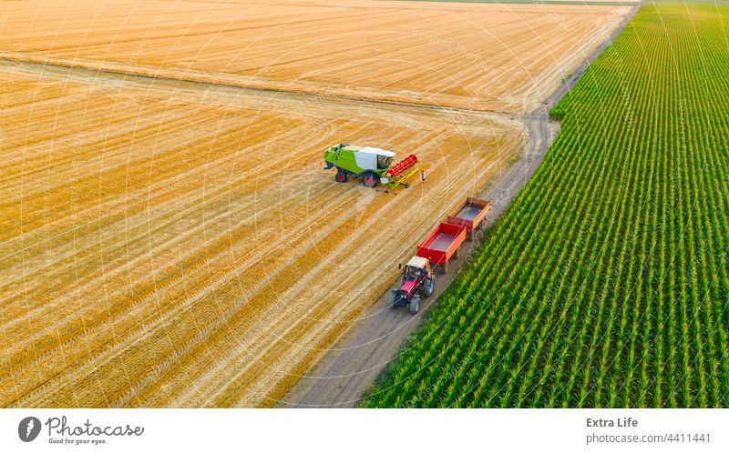 Aerial view of farmer cleaning dirt of combine in agricultural field Above Agricultural Agriculture Agriculturist Arable Broom Cereal Clean Cleanup Combine