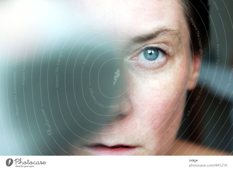 Close up black eye woman Face Woman Adults Life Eyes 1 Human being 30 - 45 years Widget Patch Things Looking Near Blue Emotions Conscientiously Earnest Accuracy