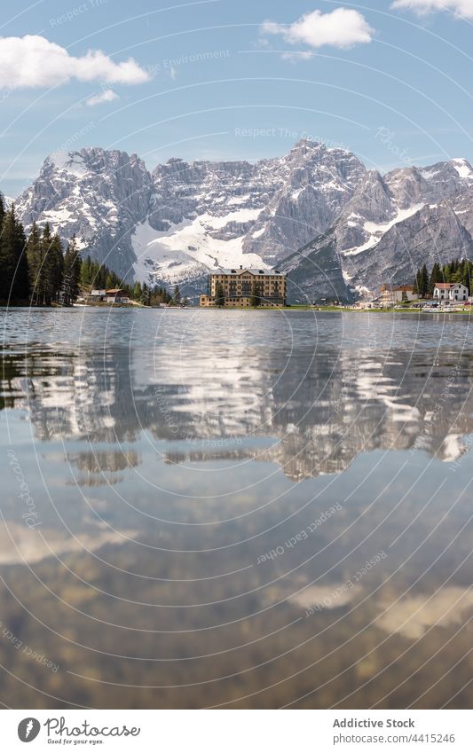 Scenery of clear lake in mountains scenery transparent water pond calm highland sunny misurina dolomite alps italy landscape nature tranquil peaceful serene