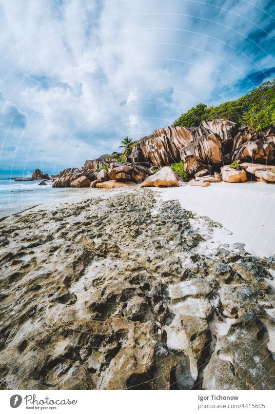 Surreal bizarre rock formation on La Digue coastline. Scenic landscape at Seychelles island seychelles island la digue la digue seychelles granite stone nature