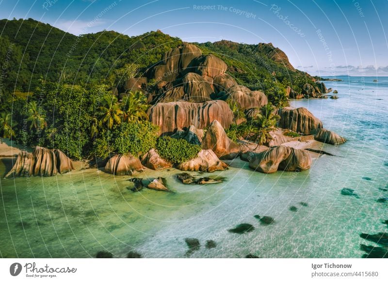 Anse Source D argent beautiful famous beach at La Digue Island, Seychelles. Aerial drone photo from above seychelles source anse aerial tropical emerald summer