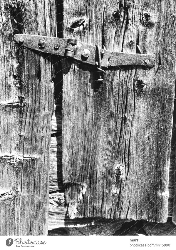 Rustic, antique, broken and repaired several times hinge, on a hut. Hinge Metal fitting Old ancient Historic Wood nails Repaired Decline Transience Broken