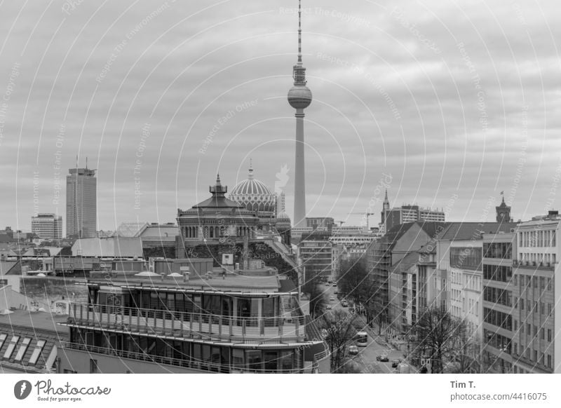 View over the roofs of Oranienburger Straße in Berlin Mitte . In the background the Berlin TV Tower. Television tower Middle b/w Skyline Town Capital city