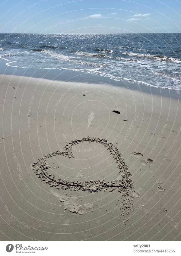 ocean love Heart Love symbol Ocean Beach Surf Low tide Water Horizon Waves Sand coast North Sea Vacation & Travel Nature Sandy beach Declaration of love Drawing