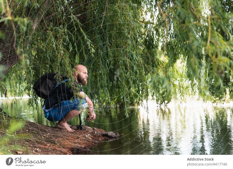 Man with backpack sitting on shore of lake man nature environment countryside summer tree water male coast traveler trip journey calm tourism peaceful landscape