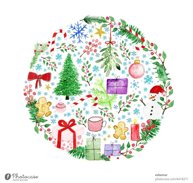 Christmas Christmas tree ball watercolor Watercolors Circle Sphere snowflakes Glitter Ball christmas ball Copy Space map Gift Snowman christmas tree fir tree