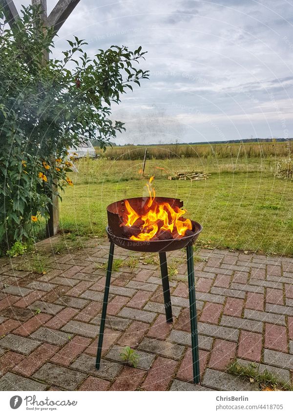 Grill with fire BBQ Summer Barbecue (apparatus) Hot Fire Colour photo BBQ season Exterior shot Charcoal (cooking) Barbecue area Meadow Garden Deserted Day Smoke