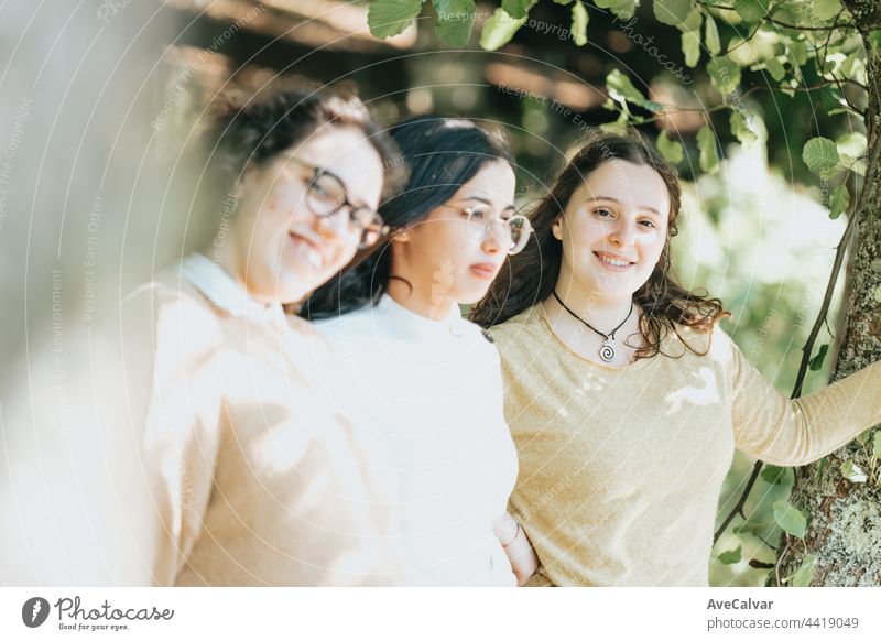 Group of women look at camera while smiling, young woman leadership concept, friendship and care concept, future students young adult Stand Freedom Success