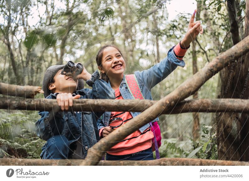 Ethnic girl interacting with brother looking through binoculars in woods children explore trunk investigate research find science forest examine childhood