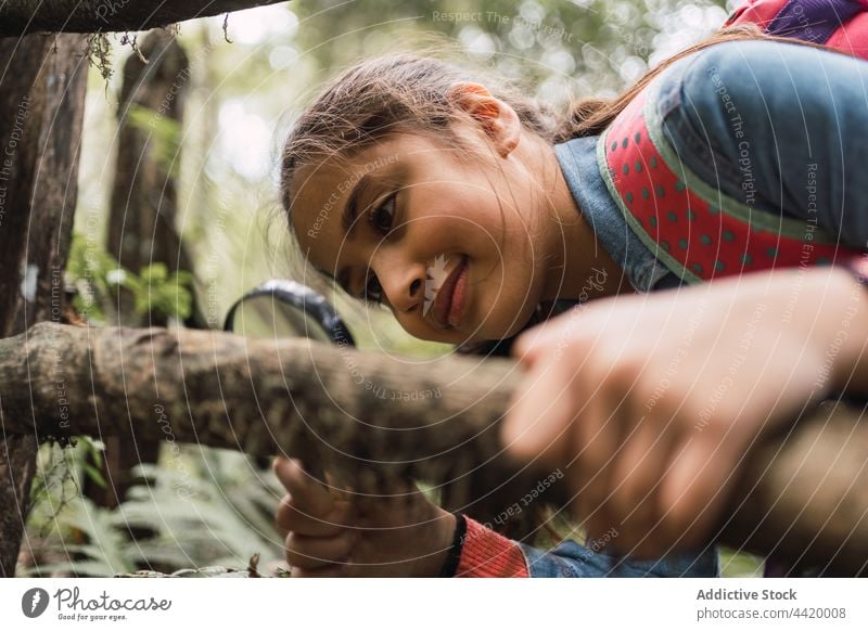 Ethnic girl with magnifier studying tree trunk in forest magnifying glass investigate explore search find hike attentive child bark plant loupe focus