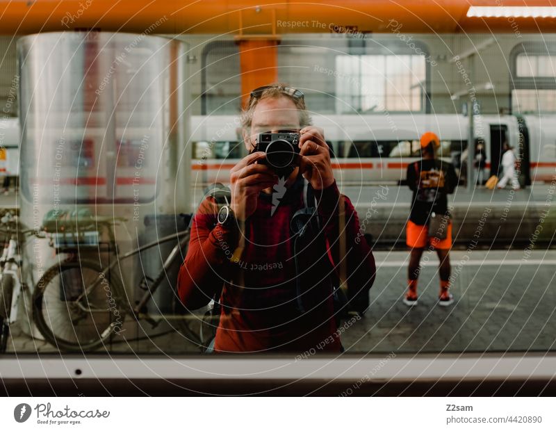 Self portrait at train station Camping voyage Trip Adventure Take a photo camera Track Ski-run Athletic Colour photo Vacation & Travel Freedom