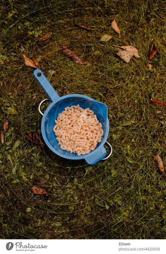 Camping pasta pot voyage Noodles Eating Nutrition boil Meadow Lawn Nature Adventure Cooking Food Colour photo Vegetarian diet Lunch Dinner