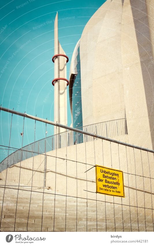Central Mosque Cologne Cloudless sky Tower Architecture Characters Signage Warning sign Blue Yellow Acceptance Mistrust Esthetic Society Religion and faith