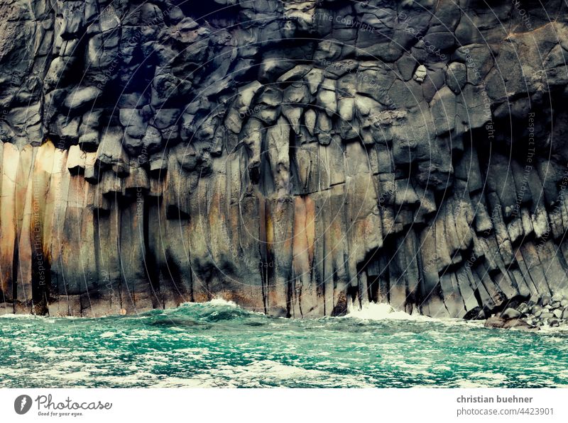 rock formations and sea Ocean steinformation Basalt Nature Beach faces Stone Stone wall Massive Raw mightily Waves White crest Dark