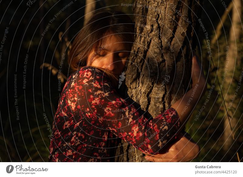 Woman in red flower dress hugs a tree. Hugs Tree trunk Exterior shot Colour photo Nature Forest feeling Sunset Natural Contact