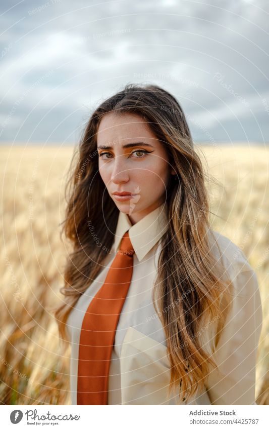 Stylish thoughtful model in wheat field under cloudy sky mindfulness style nature spike woman countryside tie dreamy concentrate atmosphere air vegetate grow