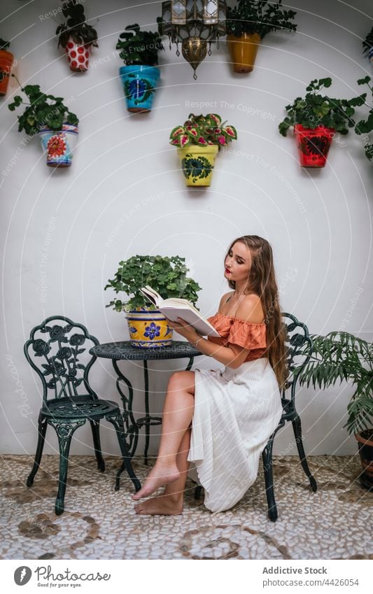 Charming woman reading book in patio chill summer enjoy story grace style female chair charming literature peaceful lean interesting weekend novel sit hobby