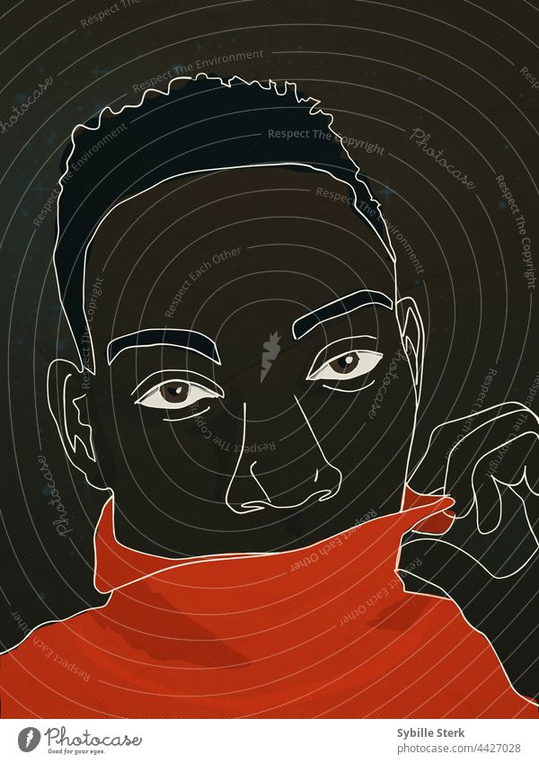 African man flirting african androgynous flirty romance LGBT red sweater soulful eyes line drawing illustration minimal portrait young man love looking for love