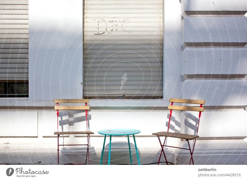 Two chairs and a table Café Duet duo Outdoor furniture Gastronomy flapjack Folding table Empty Deserted Morning Furniture Restaurant Summer Street Sidewalk café