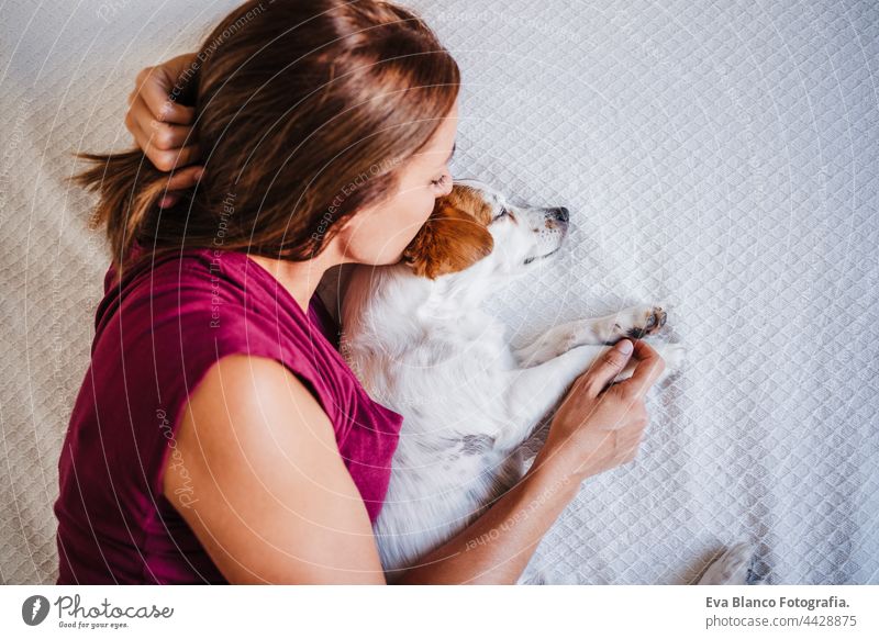 top view of young caucasian woman at home resting on bed with cute jack russell dog. Woman kissing dog. Pets, love and relax sleep together togetherness 30s