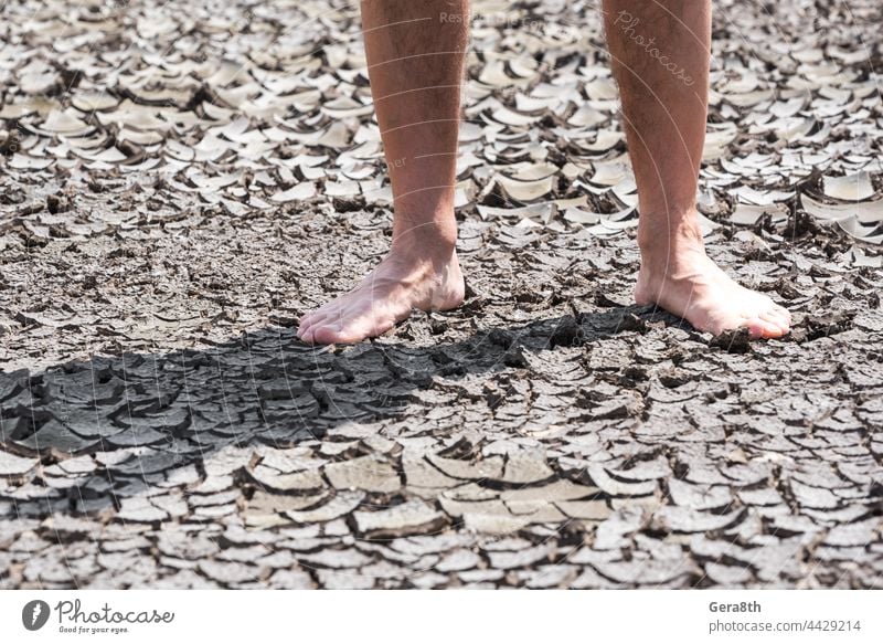 bare feet of a person on dry soil without plants close up arid background bad ecology barefoot climate cracks crisis desert disaster drought earth environment
