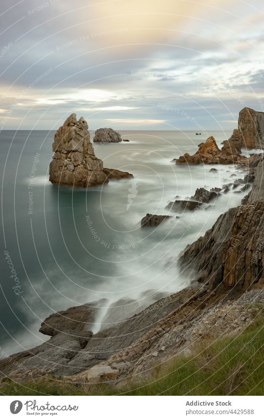 Rocky formations and wavy sea rock wave coast nature landscape costa quebrada seascape cantabria shore spain asturias wild rocky scenery ocean rough spectacular