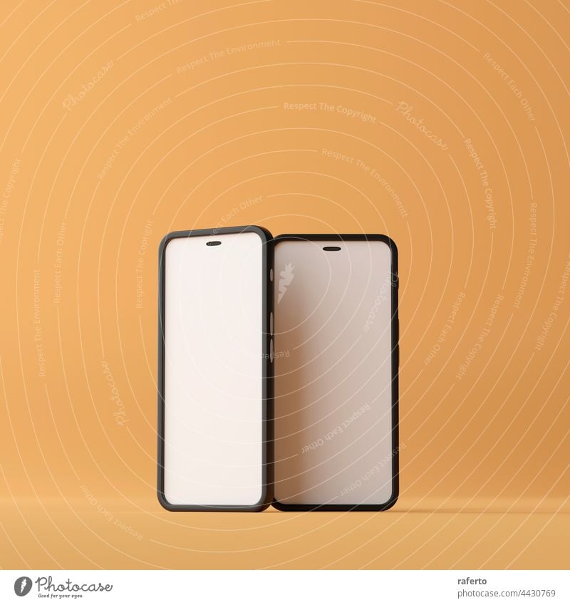 Two smart phone with blank screen on brown background. 3d rendering display electronic mockup two app device mobile smartphone empty isolated modern technology