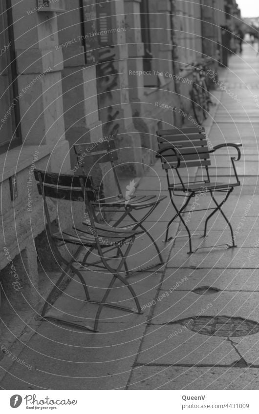 Three empty chairs on the street in Dresden-Neustadt Friendship Empty Goodbye Chair three 3 Seat Seating Seating capacity Sit Places Furniture Wait Audience