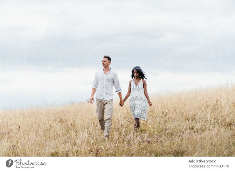 Multiracial couple holding hands in countryside field relationship love soulmate walk sky cloudy stroll girlfriend boyfriend romantic fall idyllic lawn interact