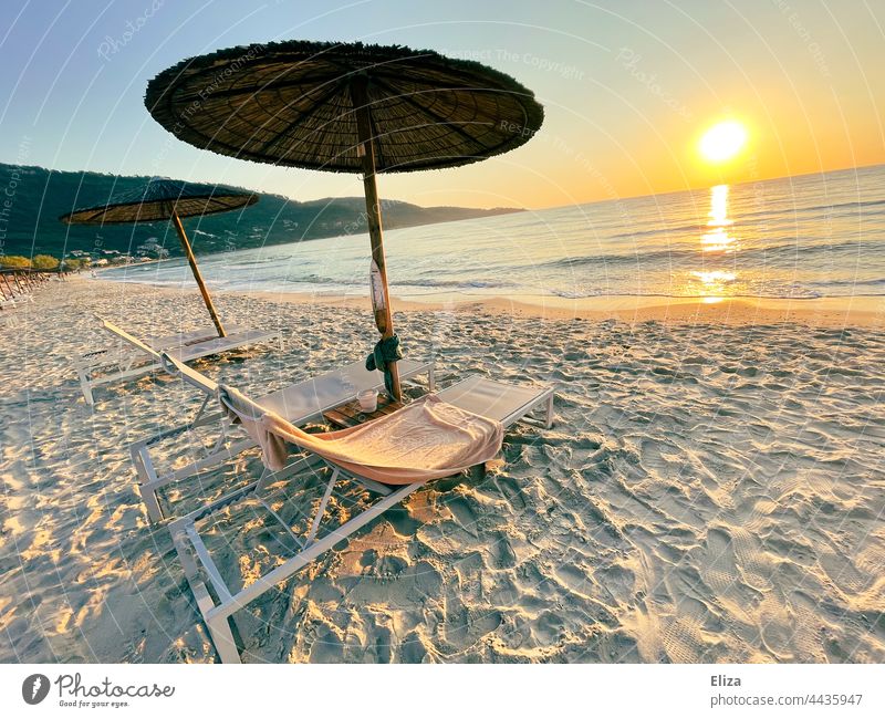 Deck chairs with umbrellas on the empty beach at sunrise deckchairs Beach Summer vacation Sunrise Ocean Vacation mood Empty Sandy beach in the morning Deserted
