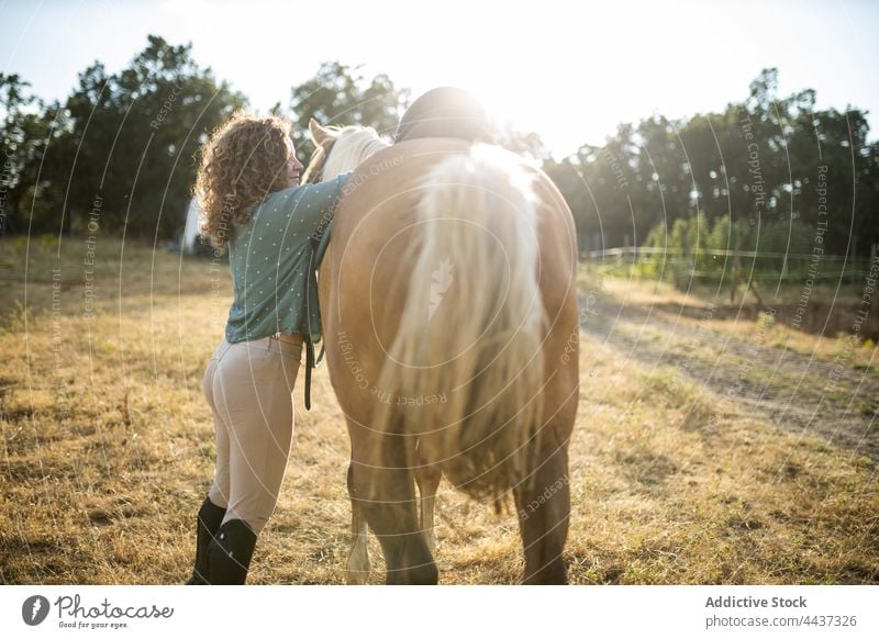 Woman putting saddle on back of horse in countryside woman mare prepare equine animal livestock domesticated farm riding school stallion fauna mammal equipment