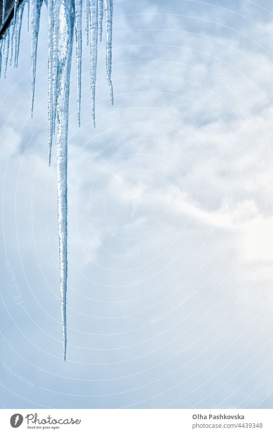 Huge sharp icicle surrounded by few smaller ones thick risk danger frost large huge giant line row copy space weather clouds cloudy sky white blue gray group