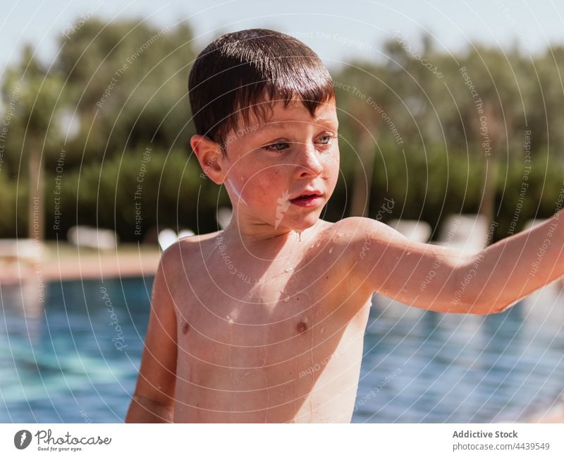 Wet boy near swimming pool in summer child poolside wet hair cute naked torso kid summertime weekend water little adorable childhood vacation carefree enjoy