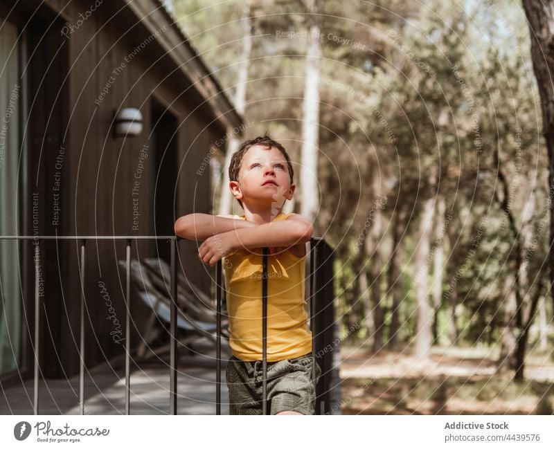 Child standing on terrace of house in forest boy veranda child recreation summer kid peaceful tranquil nature wooden woods woodland summertime sunny sunlight