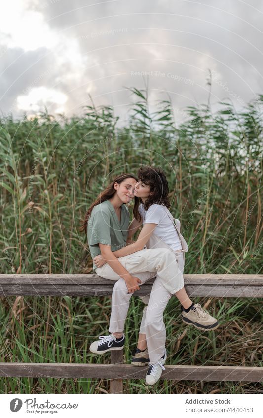 Lesbian couple interacting on fence against plants girlfriend same sex relationship love romantic spend time weekend countryside women lesbian embrace natural