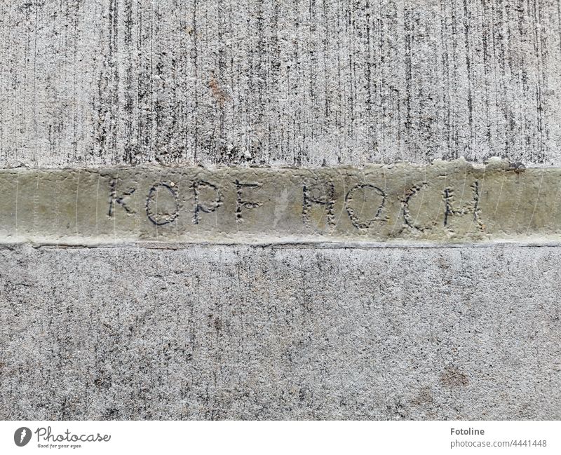 "Cheer up" was carved in capital letters into the joint between two stone slabs on Helgoland Letters (alphabet) Characters Word Text Deserted Language