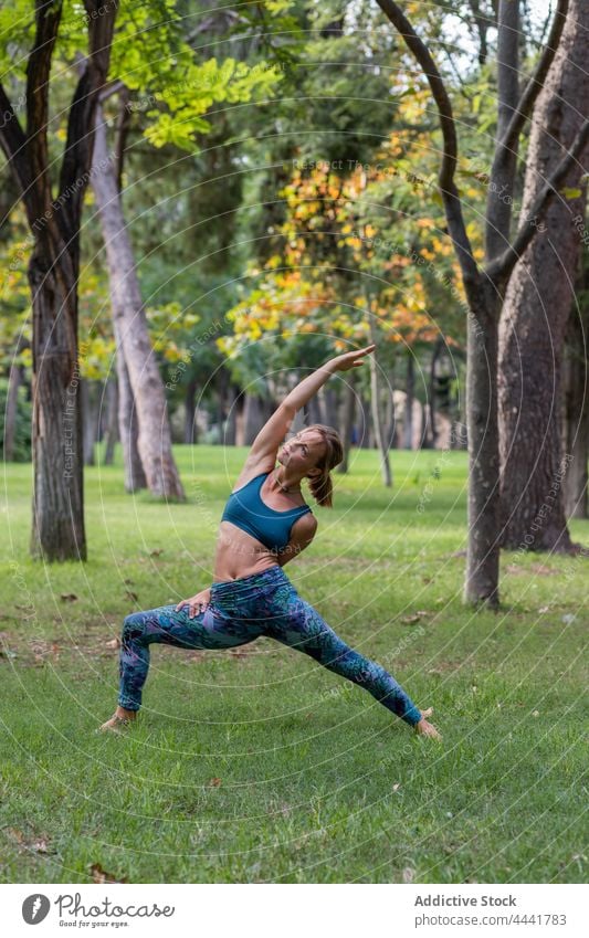 Young female performing Exalted Crescent Lunge during yoga practice in green park woman grass stretch sportswear flexible nature exalted crescent lunge harmony