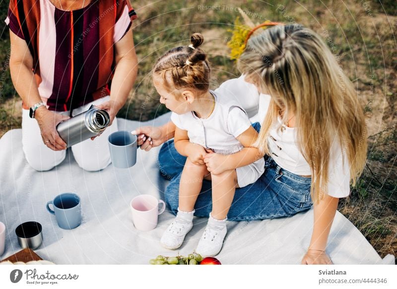 Close-up of a grandmother's hand pouring tea from a thermos to her granddaughter, sitting in her mother's arms at a picnic family woman generation summer nature