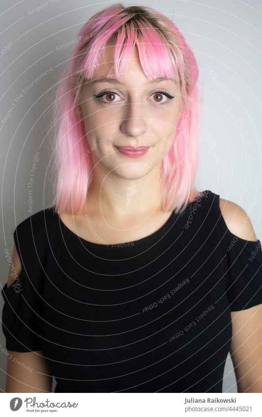 Woman with pink hair in studio portrait Human being Face pretty Young woman Feminine Youth (Young adults) Adults 18 - 30 years Colour photo