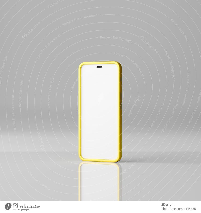 Smartphone mockup with blank white screen on a white background. 3D Render mobile 3d telephone display device yellow mobile mockup realistic social media