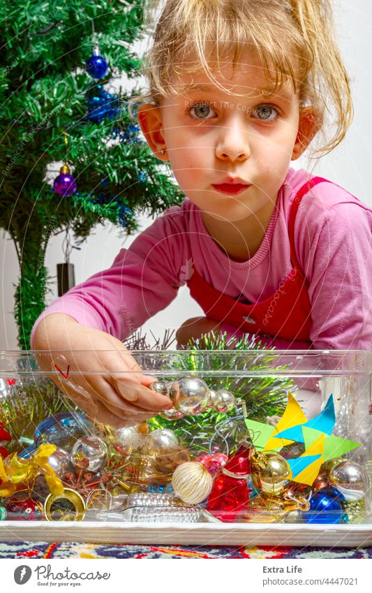 Child girl is arranging ornament decoration on artificial Christmas tree Arrange Artificial Assembly Box Caucasian Childhood Choose Chose Conifer Consider