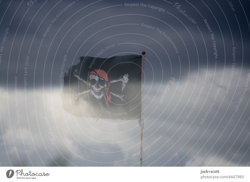 Jolly Roger in the wind pirate flag Flag Blow Sky Wind Flagpole Double exposure Clouds black jack Light (Natural Phenomenon) skull crossed bones Free piracy