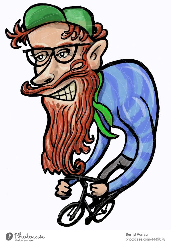 Bicycle Hipster Driving Red Beard Facial hair cartoon Cycling warped illustration Grinning Eyeglasses cap Red-haired Drawing Dynamics Sports Transport