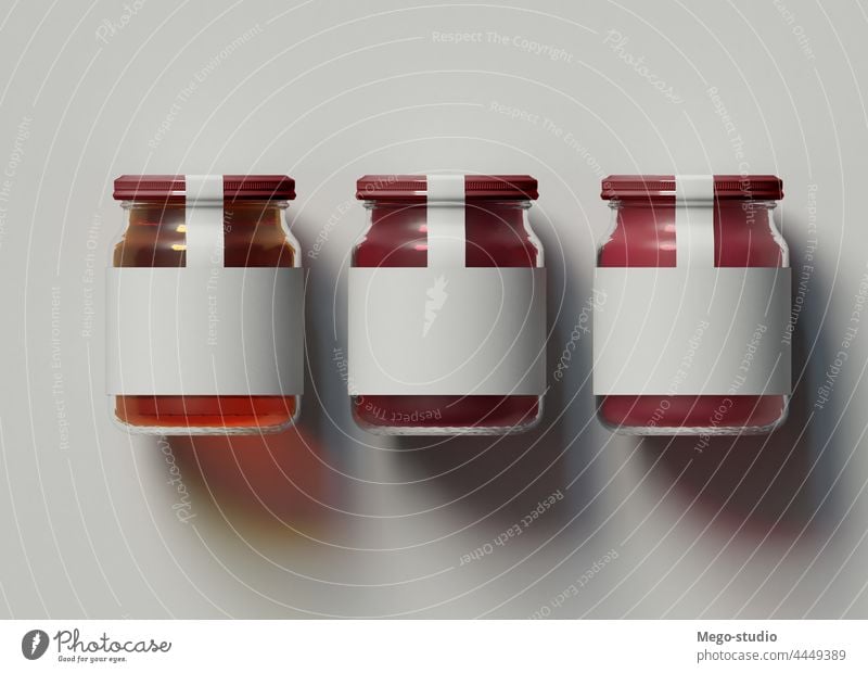 3D Illustration. Mockup of three jam jars on isolated background. 3d mockup label blank conserve package advertising logotype illustration object closed