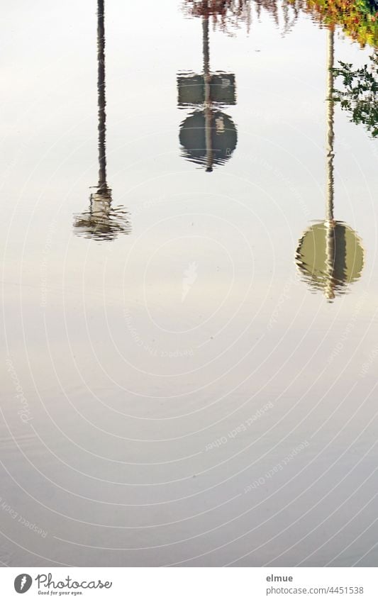 Two traffic signs, a street lamp and some bushes are reflected in the water reflection Water Road sign shrubby Waves inversely mirrored Reflection Pond